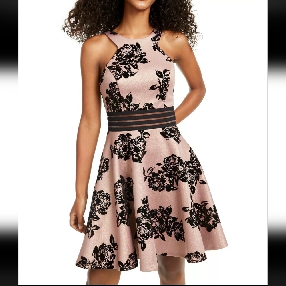 139. City Studio Rose/Gold Flocked Velvet Floral Detail Mini Dress Size 1 XS